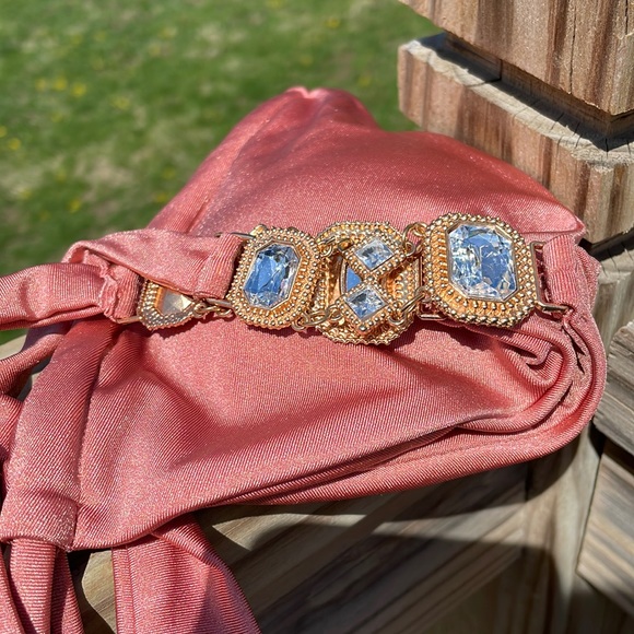 NWT dusty rose rhinestone competition M XL triangle string scrunch jewels bikini - Picture 5 of 16